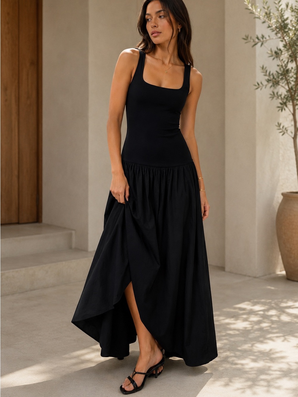 Zara Black Drop Waist Maxi Dress Sleeveless Fit & Flare Size S